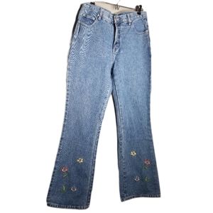 Vintage Y2K 90's Flower 🌼 Embroidery Rigid Denim Flare Jeans 28